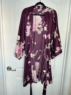 KIM + ONO Satin Floral and Crane Long Kimono Robe in Plum - Elegant Lounge Wrap